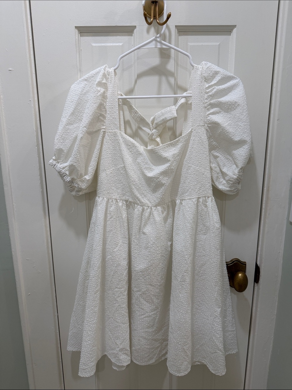 White Puff-Sleeve Tie-Back Mini Dress